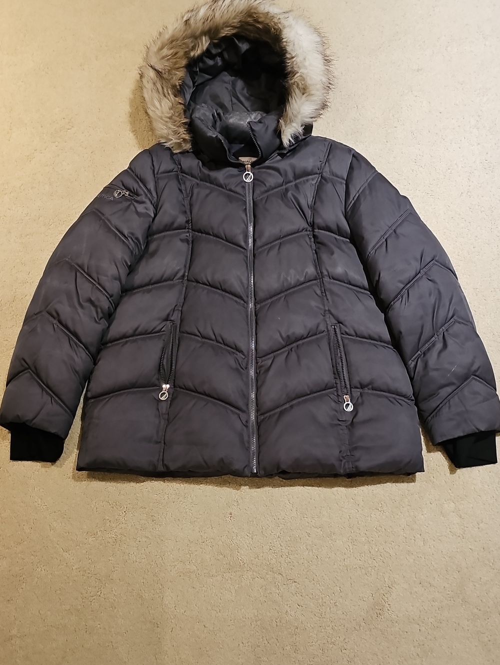 Nautica Dark Gray Hooded Puffer Jacket with Faux Fur Trim